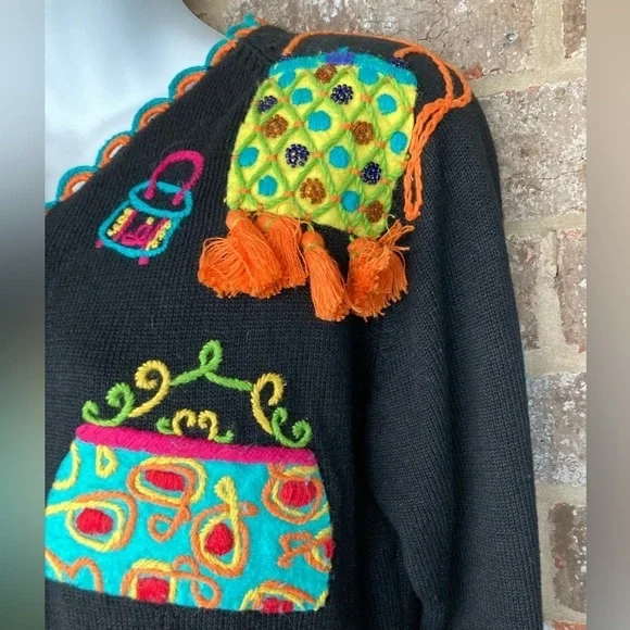 Vintage 1994 Michael Simon multi color crochet patch sweater Size S Purses - Picture 8 of 16